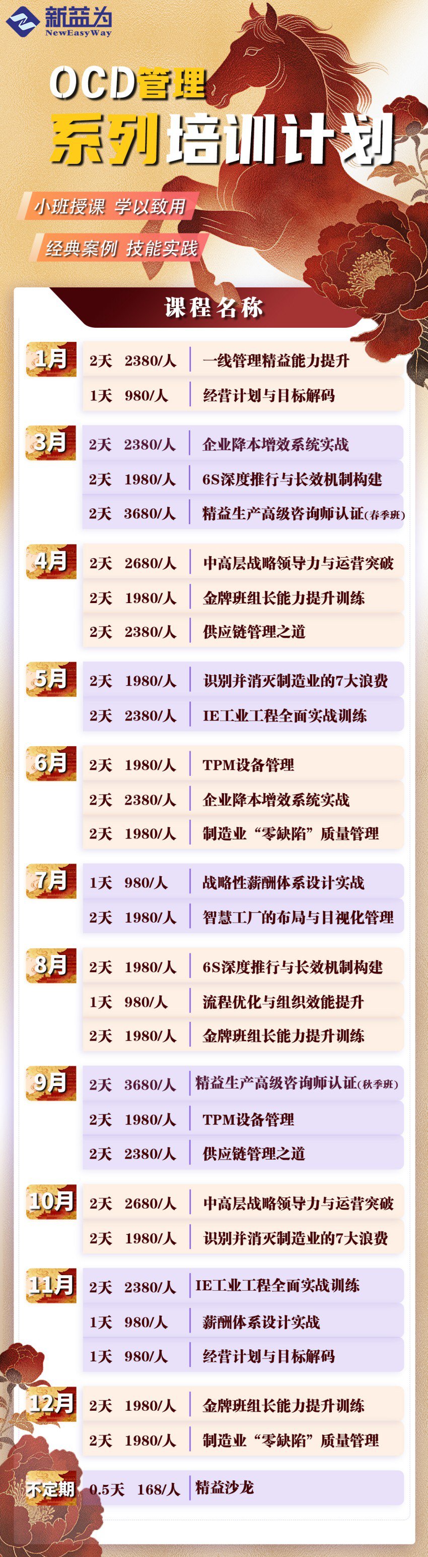 精益實訓基地2026年公開課計劃表
